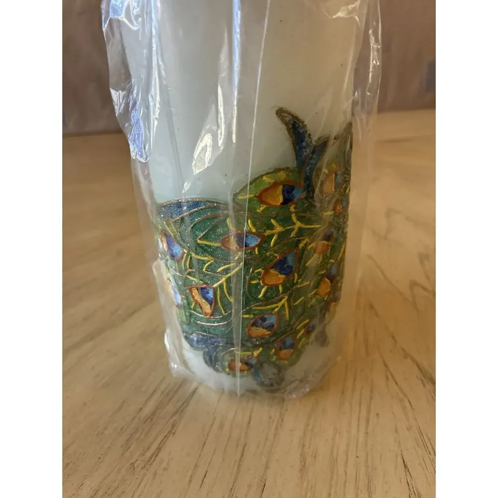 New PIER 1 Unscented PEACOCK PILLAR CANDLE 6